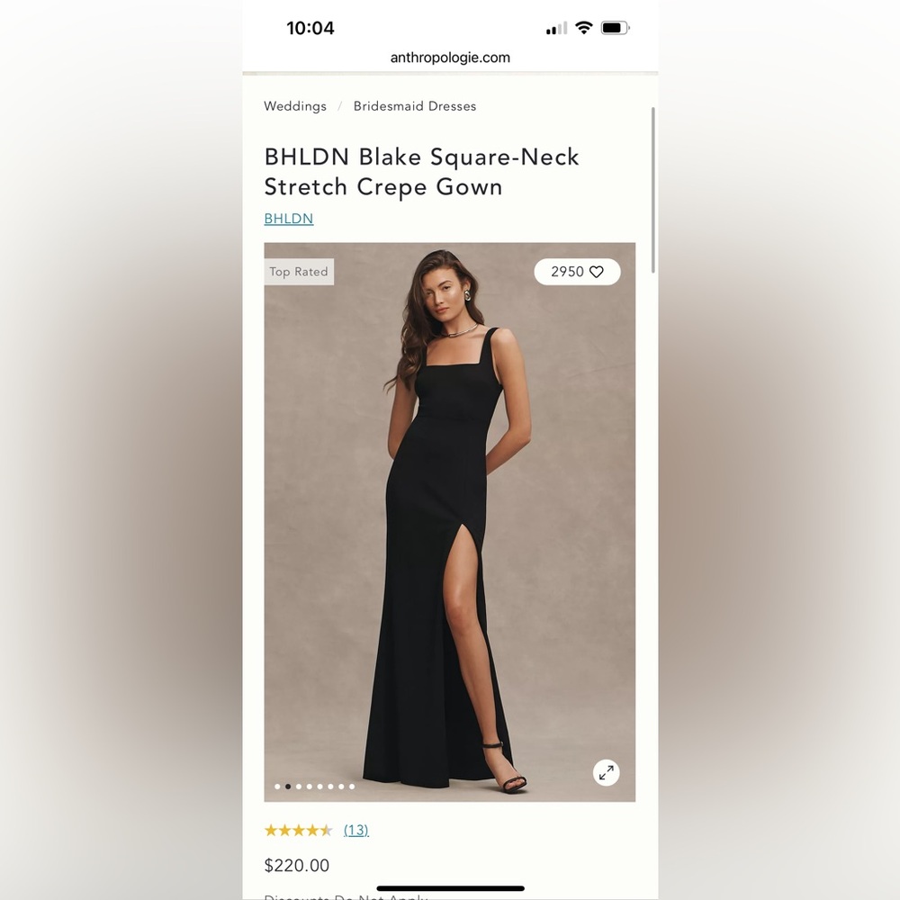 BHLDN Blake Square neck stretch crepe gown in black. Size L.